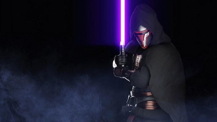 Darth Revan from Star Wars holding a purple lightsaber