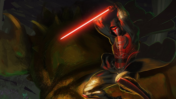 Darth Revan from Star Wars with a red lightsaber
