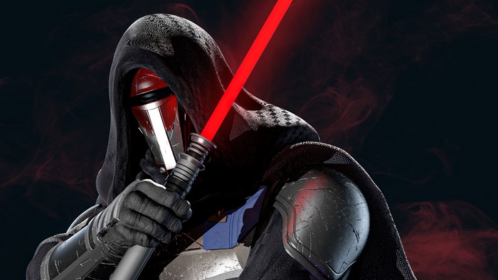 Darth Revan from Star Wars with red lightsaber