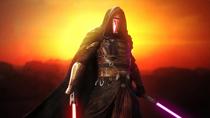 Darth Revan from Star Wars with lightsabers