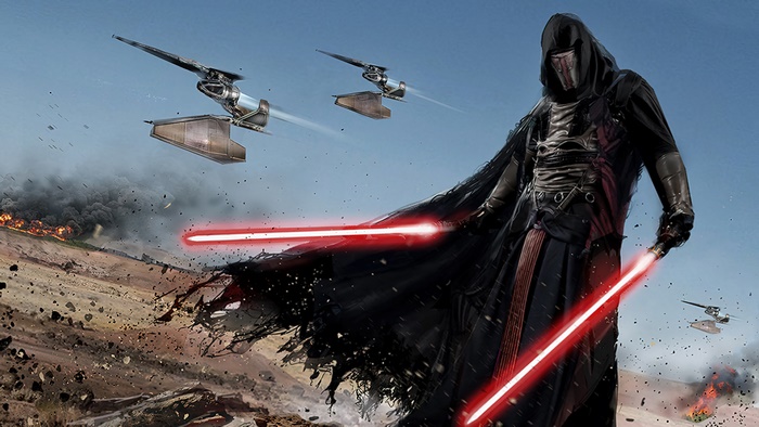 Darth Revan from Star Wars with lightsabers