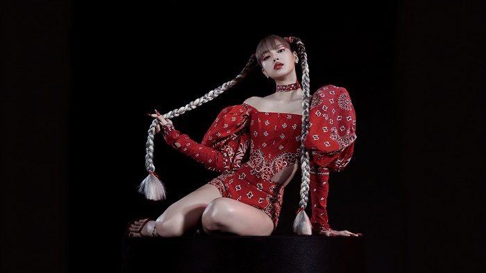 Lisa from Blackpink in red bandana outfit