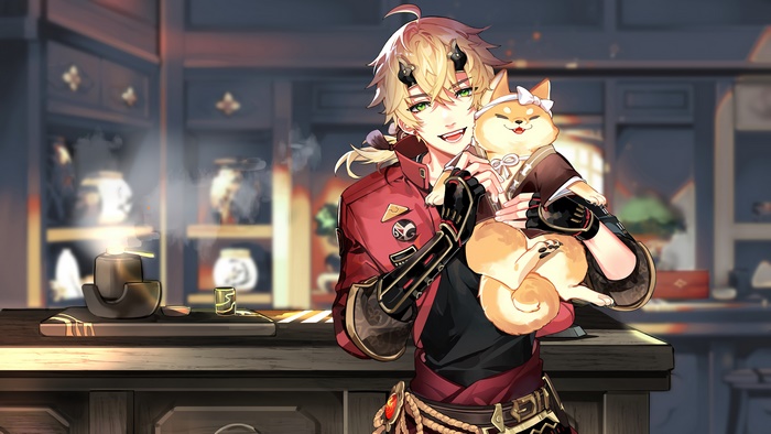 Thoma from Genshin Impact with a dog