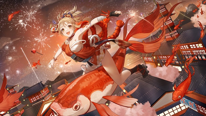 Yoimiya from Genshin Impact with Koi Fish and Fireworks