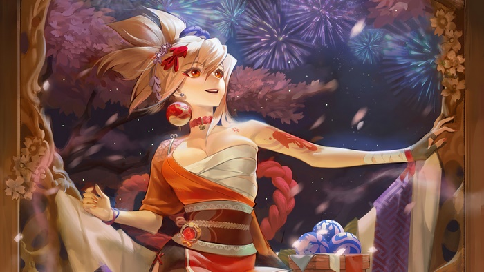 Yoimiya from Genshin Impact with fireworks