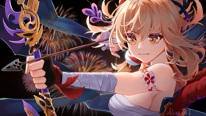 Yoimiya from Genshin Impact with bow and arrow