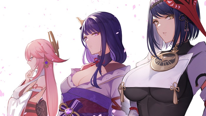 Raiden Shogun, Yae Miko, and Kujou Sara from Genshin Impact