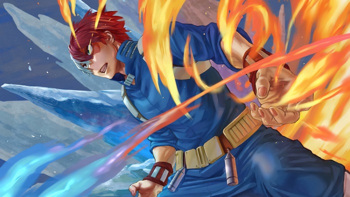 Shoto Todoroki from My Hero Academia using fire and ice