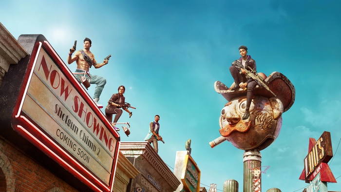 Saints Row Reboot characters on a rooftop with a movie marquee