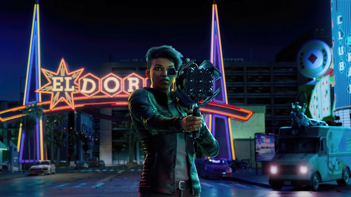 Woman with weapon in front of El Dorado sign
