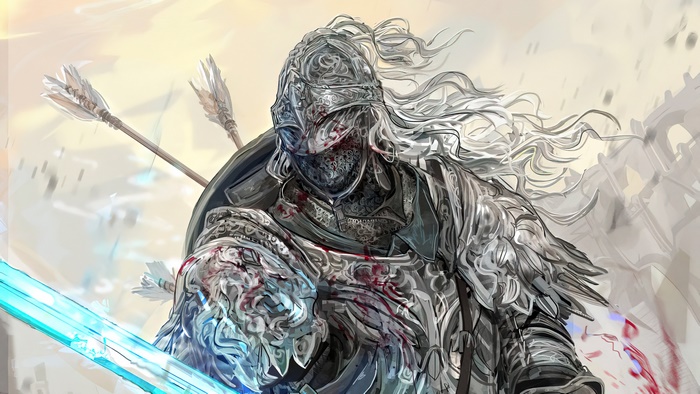 Elden Ring Tarnished Warrior with Glowing Blue Sword