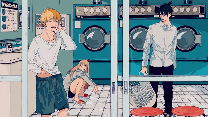 Denji, Power, and Aki from Chainsaw Man in Laundry Scene 4K