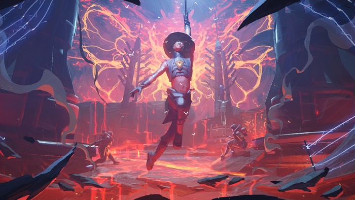 Seer from Apex Legends in a fiery arena