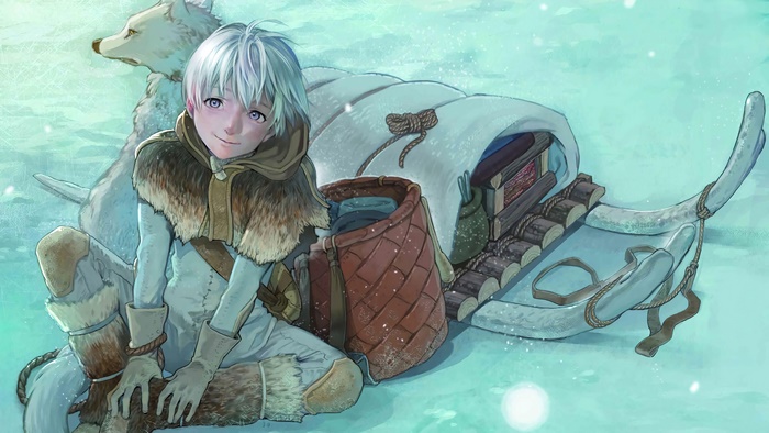 Fushi from To Your Eternity with a wolf and sled