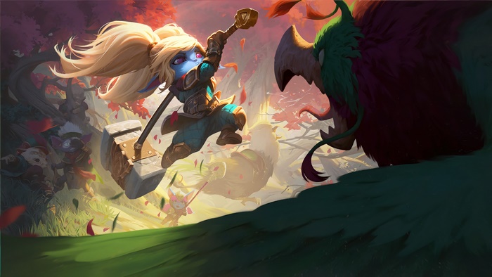 Poppy from League of Legends: Runeterra fighting a creature