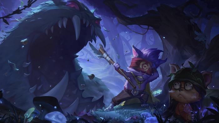 Yordle characters fighting a monster in a forest