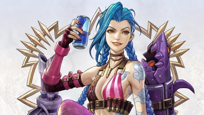 Jinx from League of Legends holding a drink