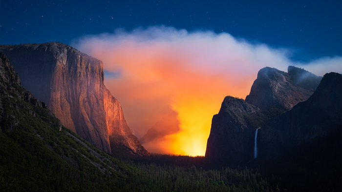 Yosemite National Park fire and smoke at night