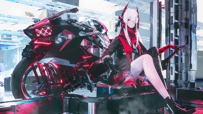 Lucia from Punishing Gray Raven with a futuristic motorcycle 4K