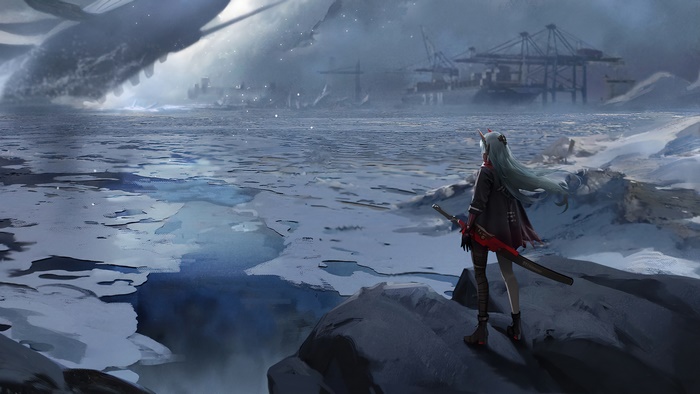 Lucia from Punishing Gray Raven in a frozen landscape