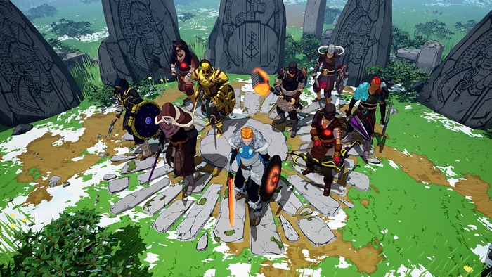 Tribes of Midgard characters in a clearing with standing stones