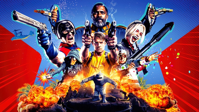 The Suicide Squad members with explosions and helicopters 4K
