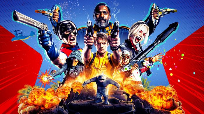The Suicide Squad characters with explosions and guns