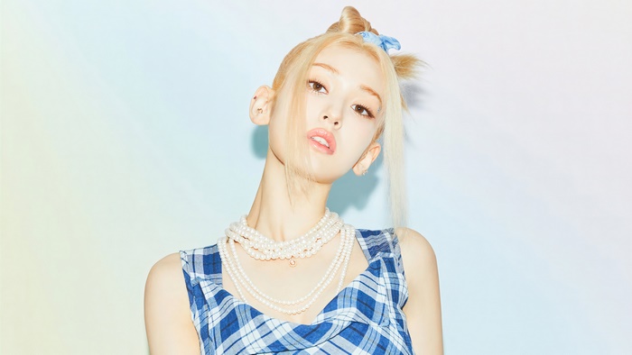 Somi in Blue Plaid Outfit with Pearl Necklace