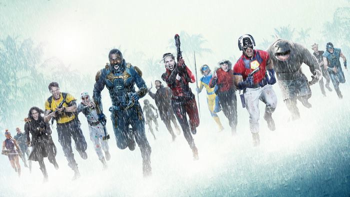 The Suicide Squad running in the rain