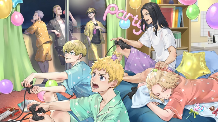 Tokyo Revengers characters having a pajama party and playing video games