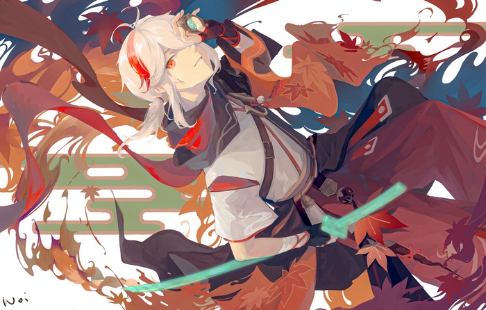 Kaedehara Kazuha with a sword and autumn leaves