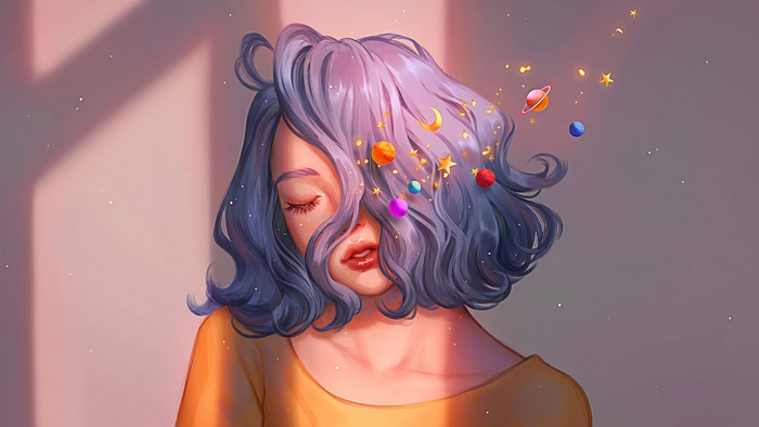 Girl with blue hair and planets in her hair 4K