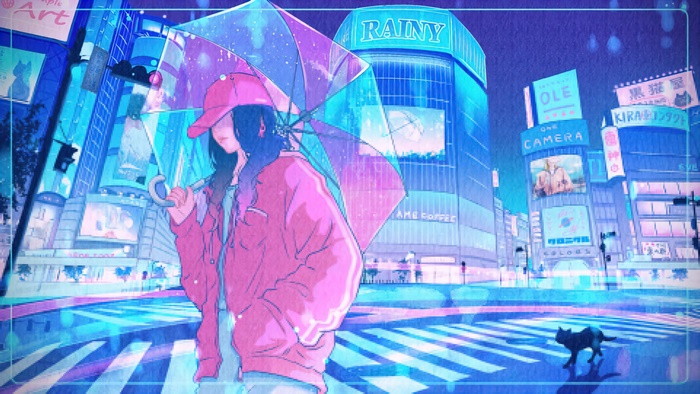 Girl with umbrella in rainy city street