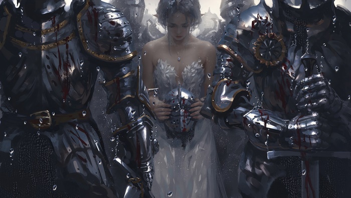 Fantasy art of a princess with knights in armor