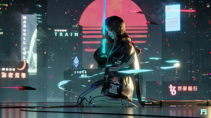 Cyberpunk girl with sword in neon city 4K