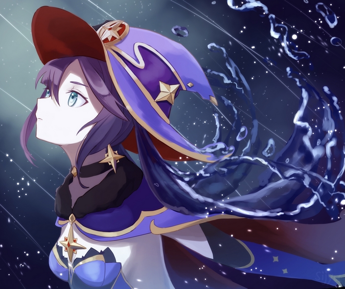 Mona from Genshin Impact with water effects