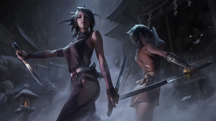 Two female assassins with katanas in a village