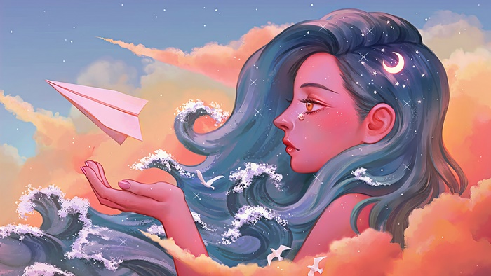 Girl with paper airplane and waves, digital art 4K