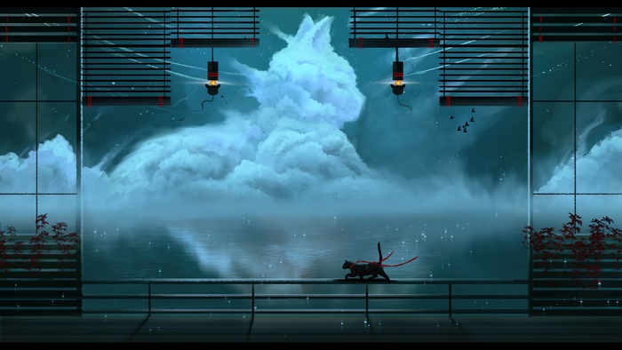 Cat walking on a balcony with a cat-shaped cloud at night