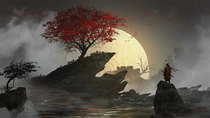 Samurai warrior under a large moon with a red tree