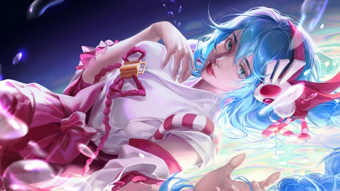 Anime girl with blue hair and pink outfit