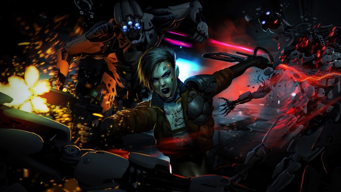 Cyberpunk girl fighting robots in 4K