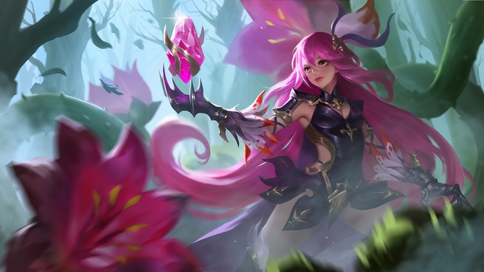 Girl with pink hair holding a crystal in a forest