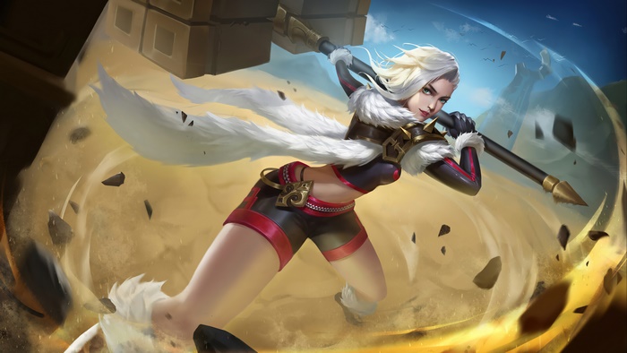 Warrior girl with hammer in desert 4K