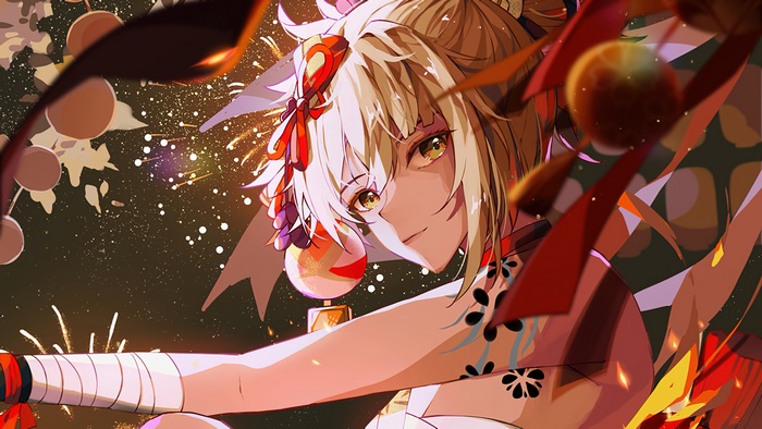 Yoimiya from Genshin Impact with Fireworks