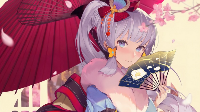 Kamisato Ayaka from Genshin Impact with umbrella and fan