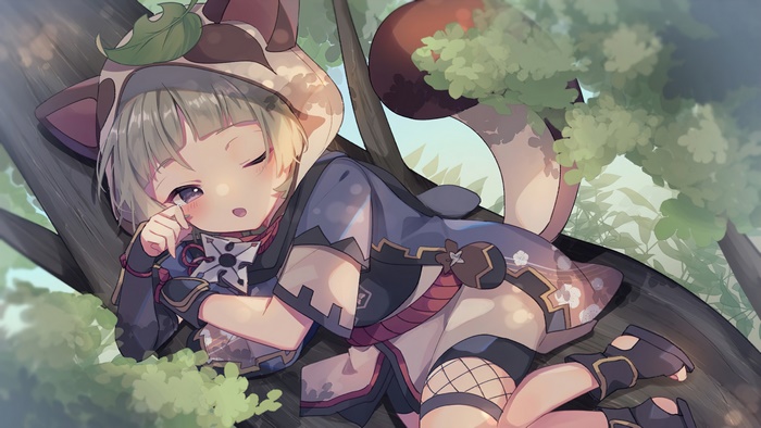 Sayu from Genshin Impact sleeping on a tree