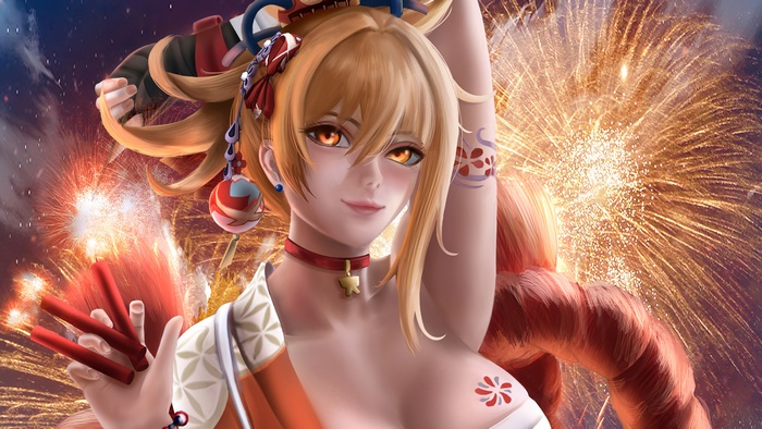 Yoimiya from Genshin Impact with fireworks