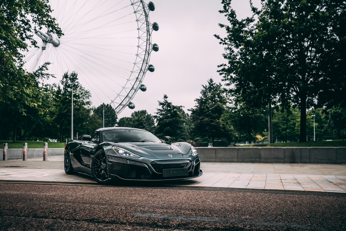 Rimac Nevera supercar in front of the London Eye