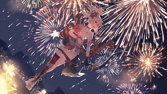 Yoimiya from Genshin Impact with Fireworks